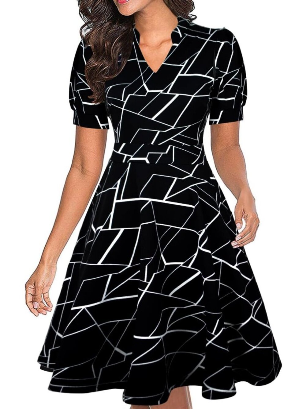 Men's Black Pattern V Neck Summer Puff Short Sleeve Semi Formal Fit Zipper Dress